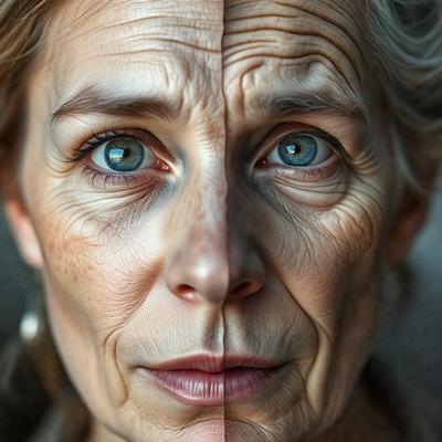 The primary subject of the image is a woman with a split face, showing both her youthful and aged appearances. The setting is a close-up of her face, and the visual style is a black and white photo. The woman's skin appears to be wrinkled, and her eyes are blue. The overall atmosphere of the image is a stark contrast between the two sides of her face, highlighting the aging process.